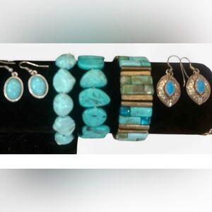 7 PCS Vintage Turquoise Blue Green Stone Stretch Bracelets and Stone Earrings